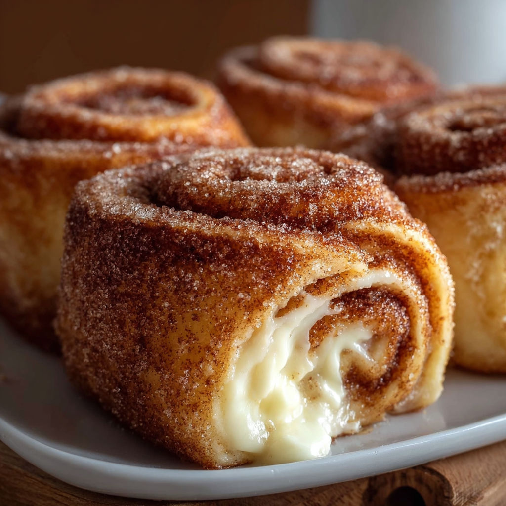 A plate of cinnamon rolls with white frosting on a wooden table.
