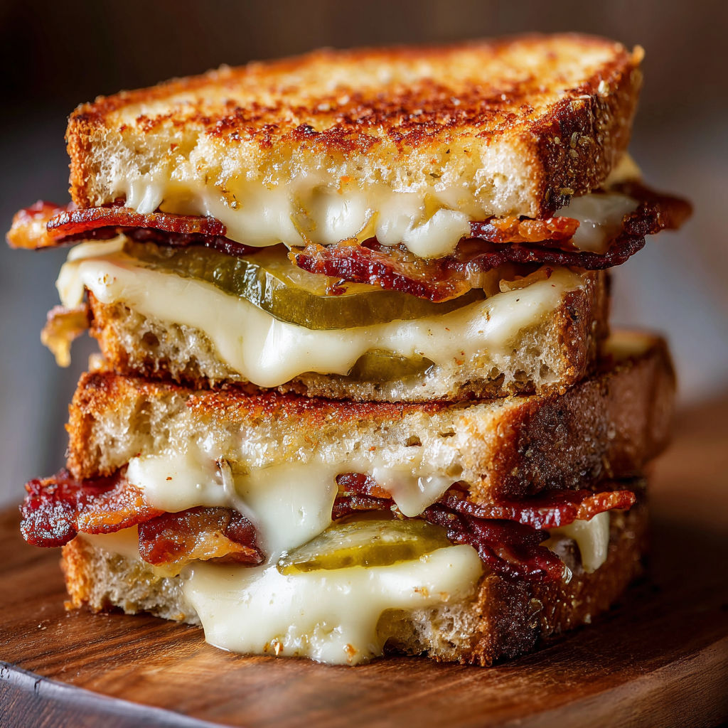 A close-up of a delicious Dill Pickle Bacon Grilled Cheese sandwich.