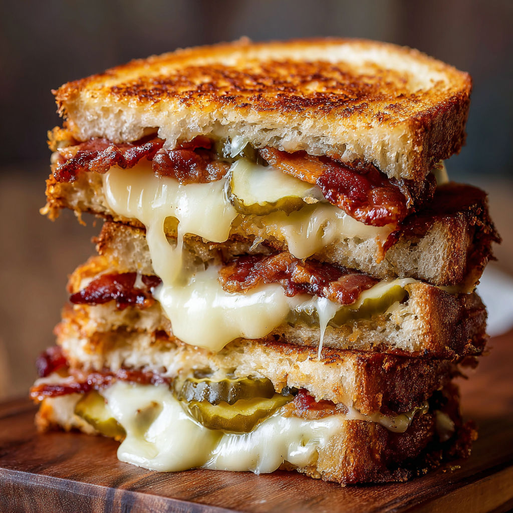 A close-up of a delicious Dill Pickle Bacon Grilled Cheese sandwich.