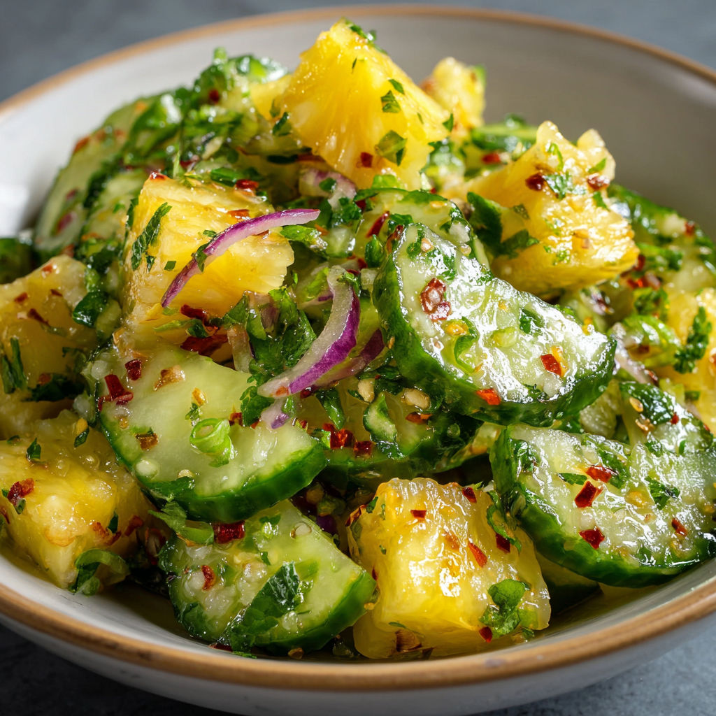 A bowl of freshly cut pineapple and cucumber salad.
