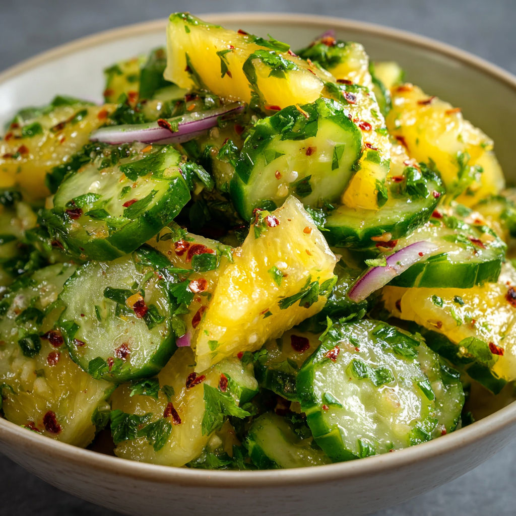 A bowl of freshly cut cucumbers and pineapple slices, seasoned with red pepper flakes and garnished with purple onions.