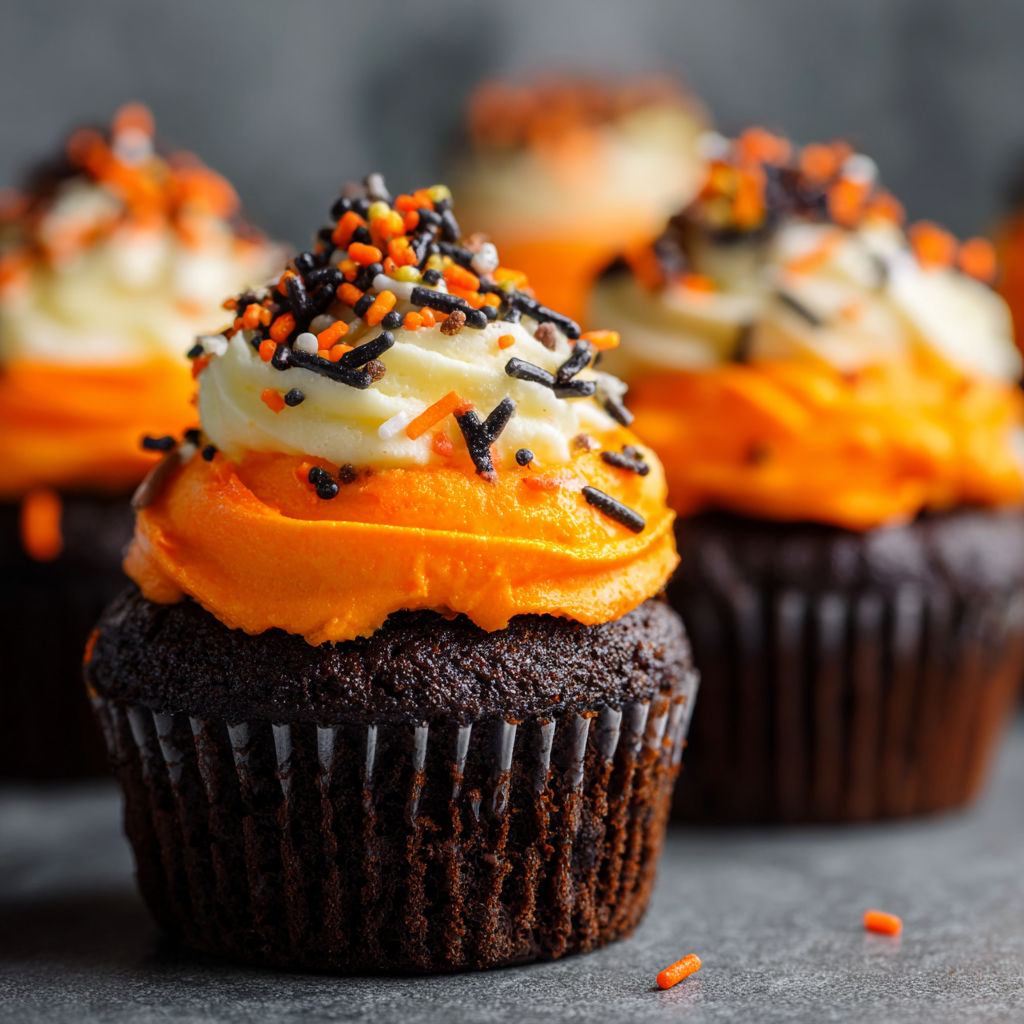 A delicious treat made from chocolate and orange frosting, topped with orange and black sprinkles.