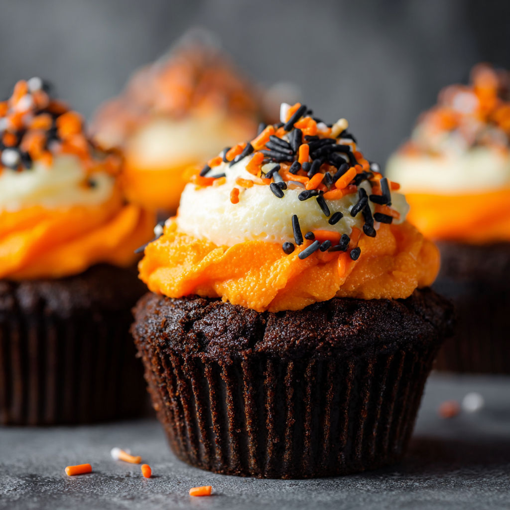 A cupcake with orange frosting and orange sprinkles on top.