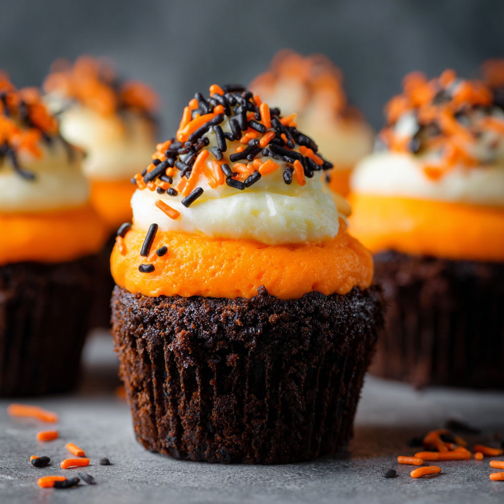 A cupcake with orange frosting and chocolate sprinkles.