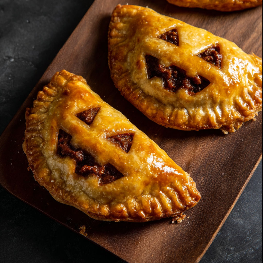Two chorizo hand pies with a spooky design, sitting on a wooden cutting board.
