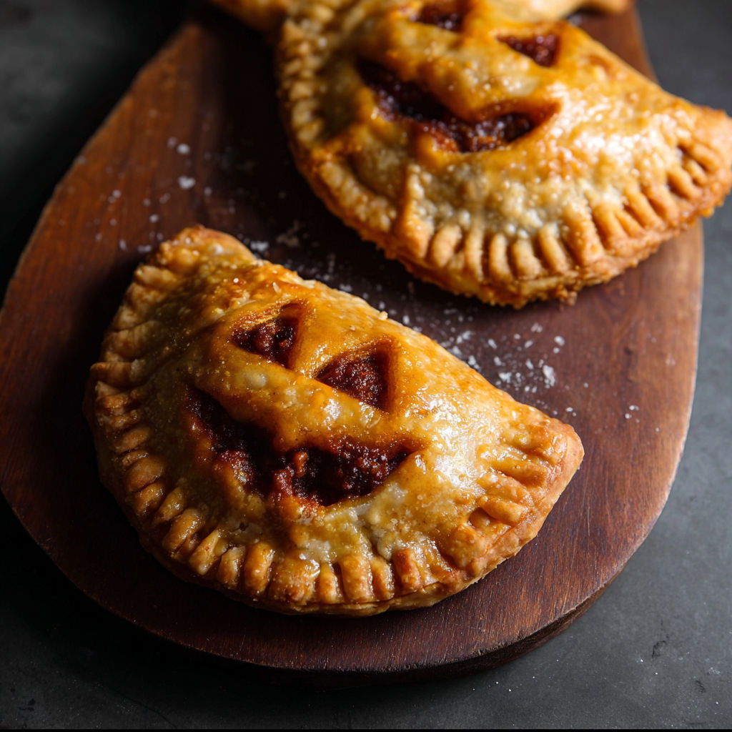Two mini pumpkin pies with a spooky face design on top, sitting on a wooden cutting board.