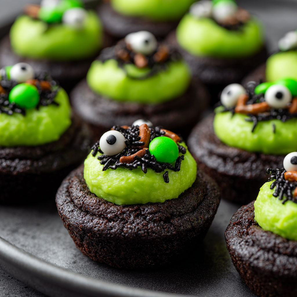 A plate of chocolate cupcakes with green eyes and spider webs on top, inspired by the recipe "Easy Cauldron Cookies.