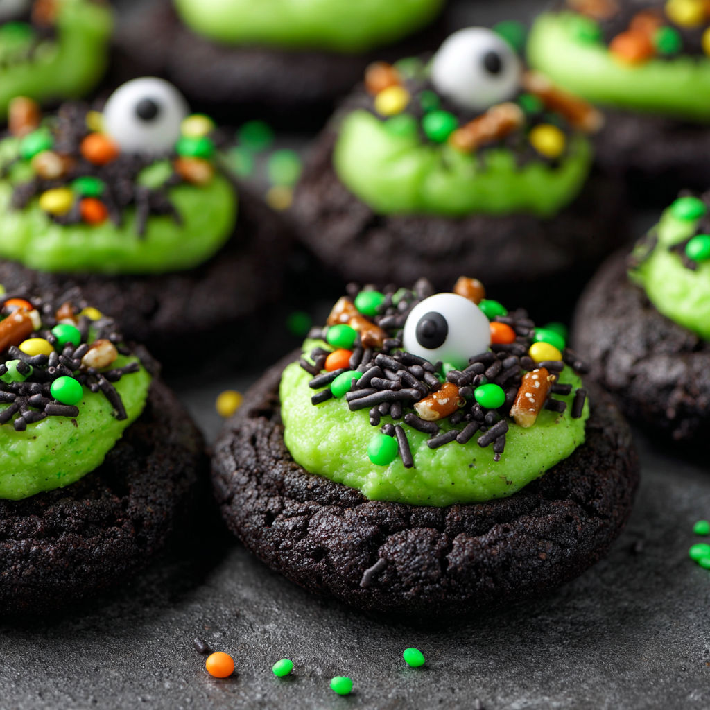 A close up of a chocolate cookie with a green frosting and a green eyeball on top.