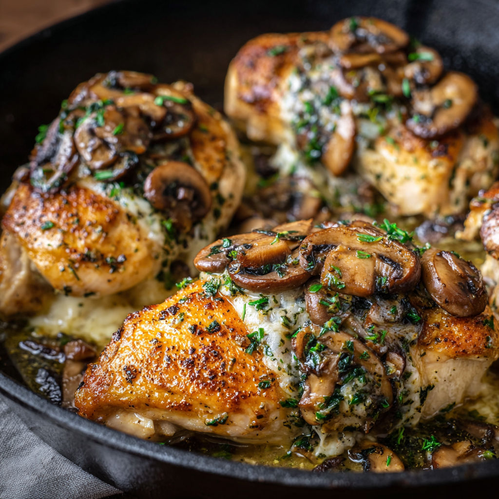 A pan of chicken with mushrooms and herbs, likely a mushroom and herb chicken dish.