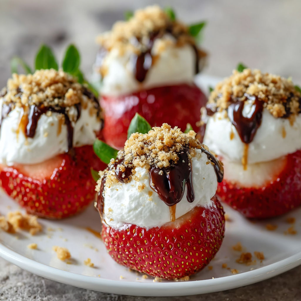 A plate of delicious strawberry cheesecake desserts with chocolate drizzle.