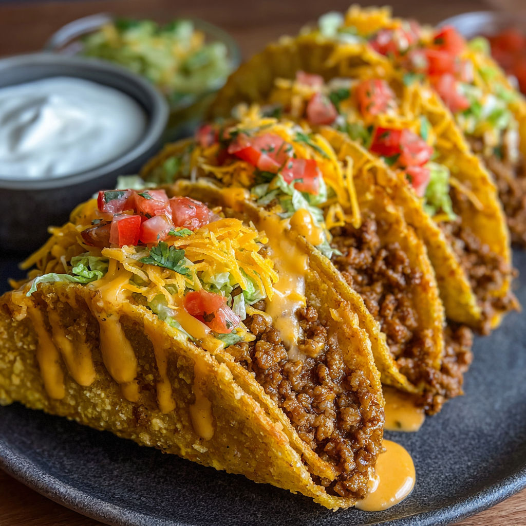 A plate of loaded tacos with cheese sauce and tomatoes.