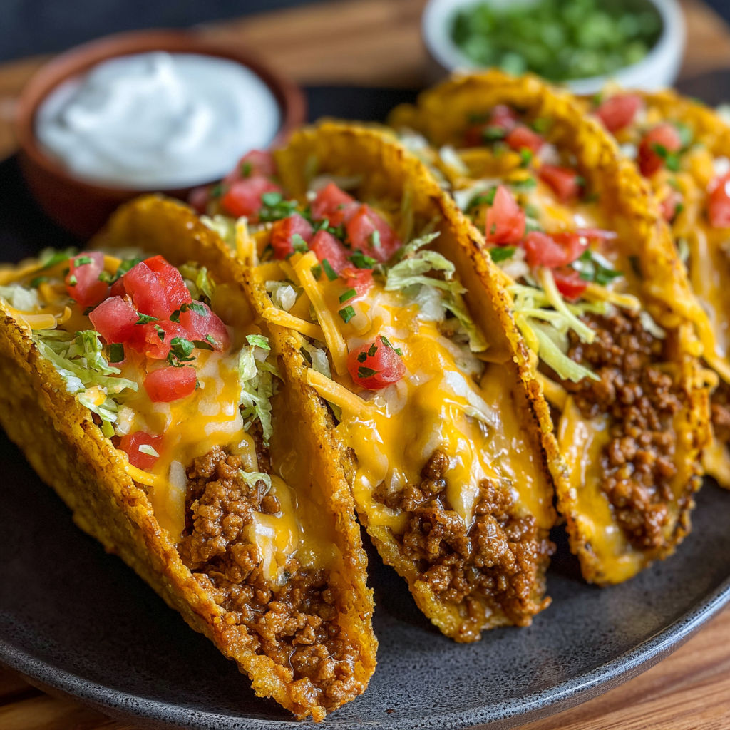 A plate of loaded tacos with cheese sauce and tomatoes.
