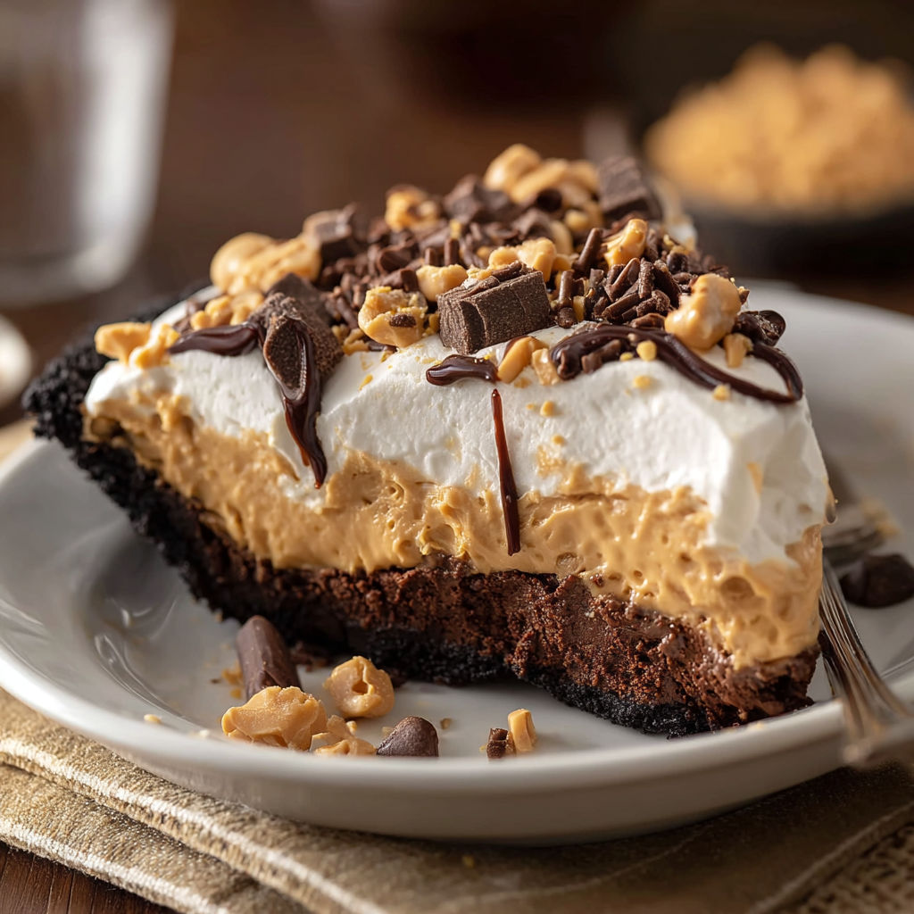 A slice of chocolate peanut butter pie on a white plate.