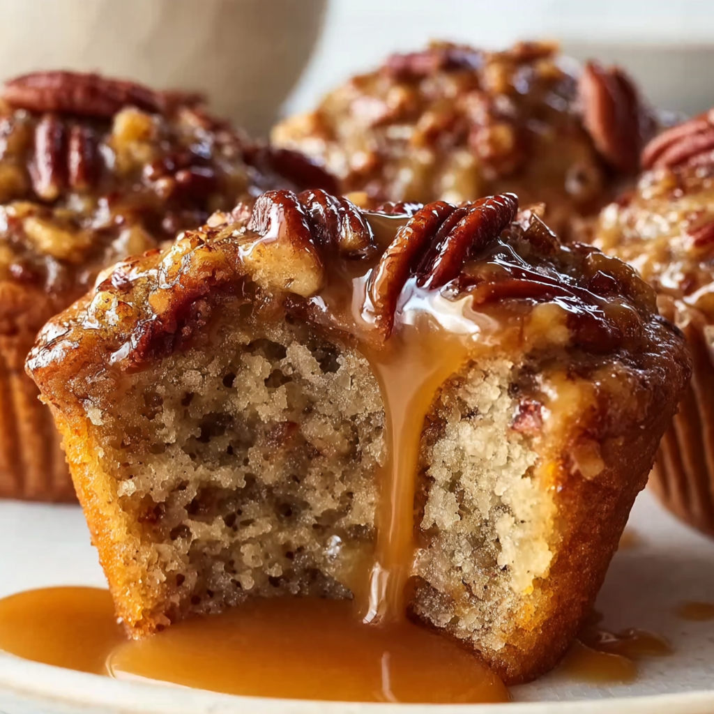 A close up of a pecan pie muffin with a drizzle of caramel sauce.