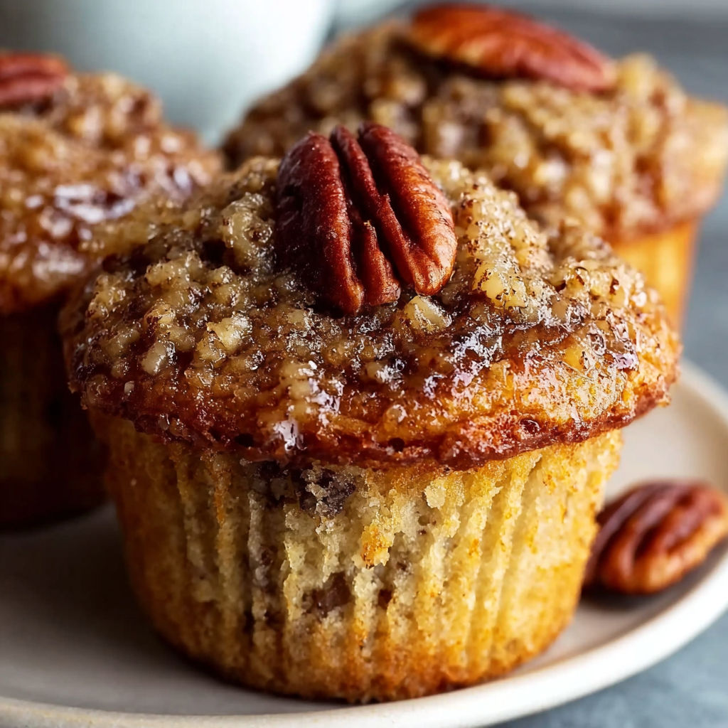 A plate with two muffins, one with pecans and the other with walnuts, sitting on a table.
