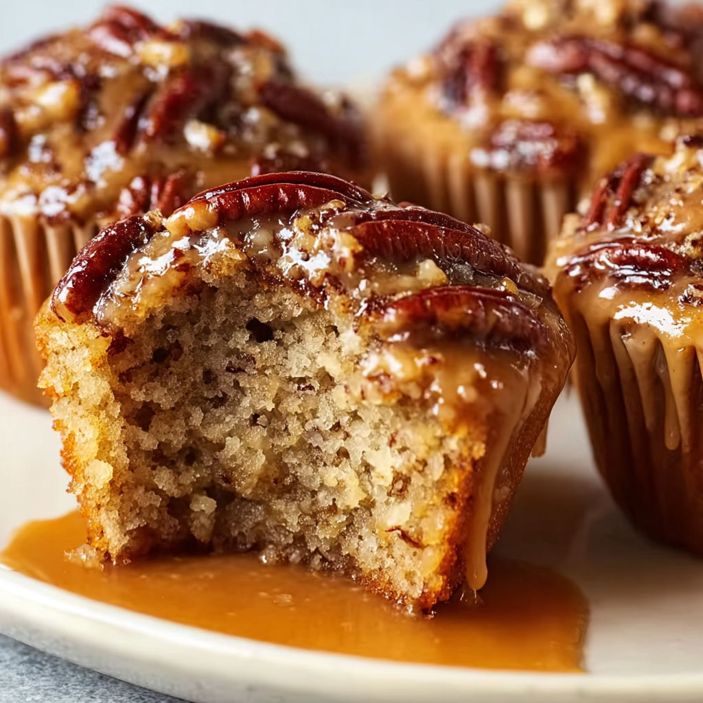 A plate with two pecan muffins covered in caramel sauce.