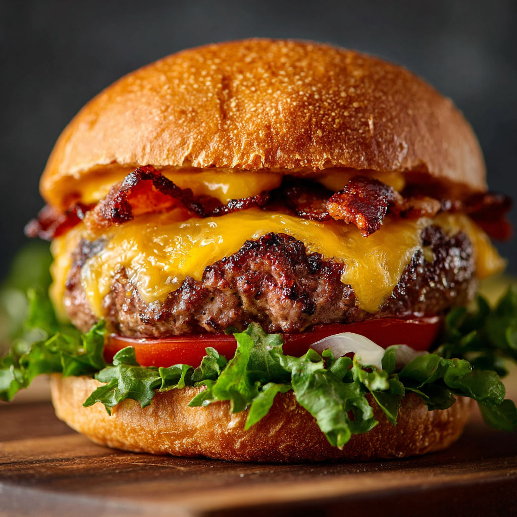 A close-up of a bacon cheeseburger with lettuce and tomato on a bun.