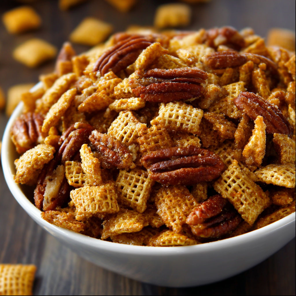 A bowl filled with a mix of cereal and nuts, including pecans and walnuts.