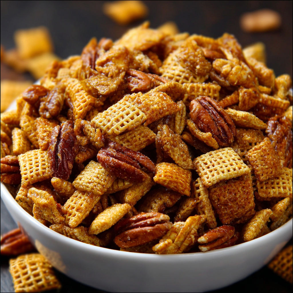 A bowl filled with crispy, golden-brown, and nutty-flavored Chex cereal.