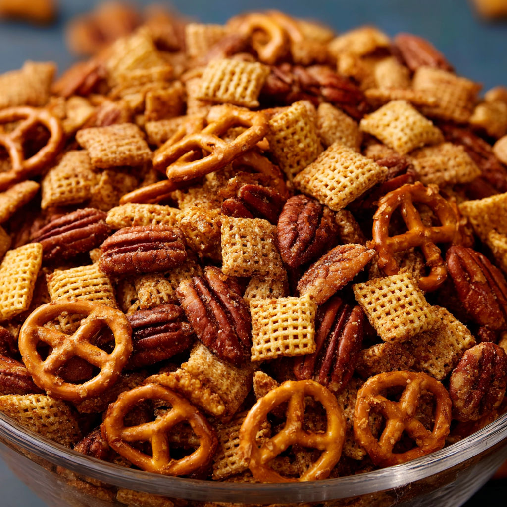 A bowl filled with a mix of pecans and cereal, likely a Pecan Praline Snack Mix.