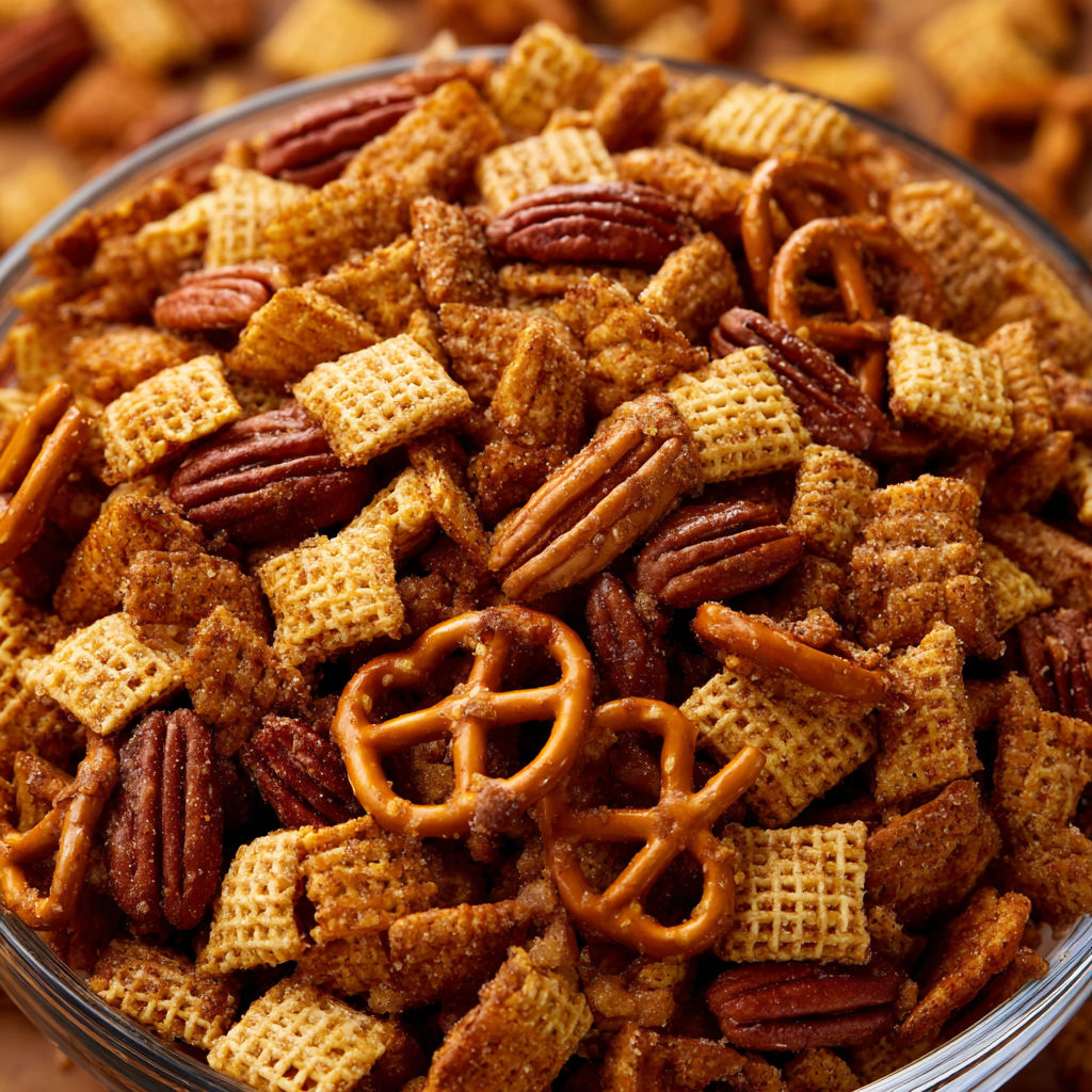 A bowl filled with a mix of cereal and nuts, including Cheerios and peanuts.