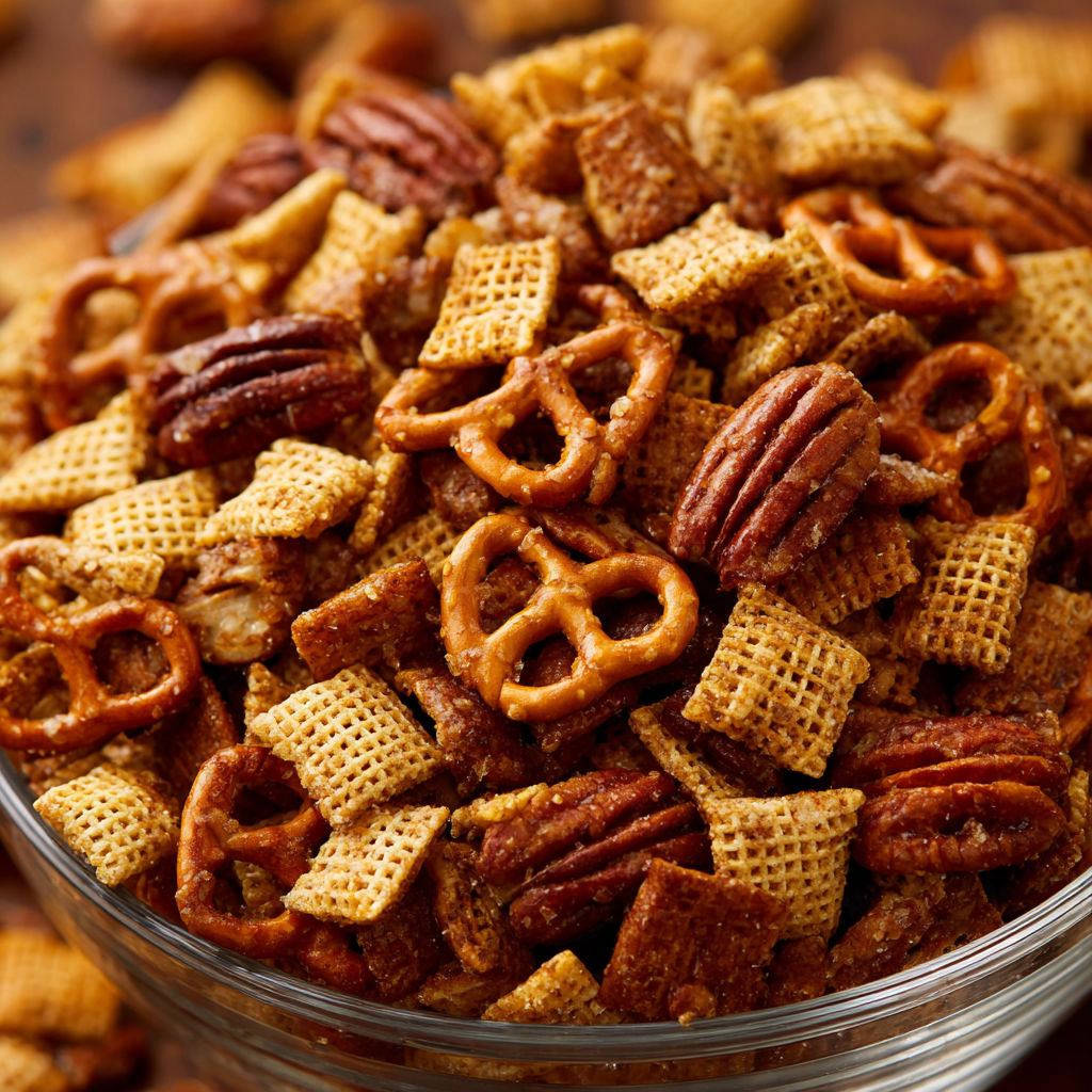 A bowl filled with a mix of cereal and nuts, including Cheerios and pecans.