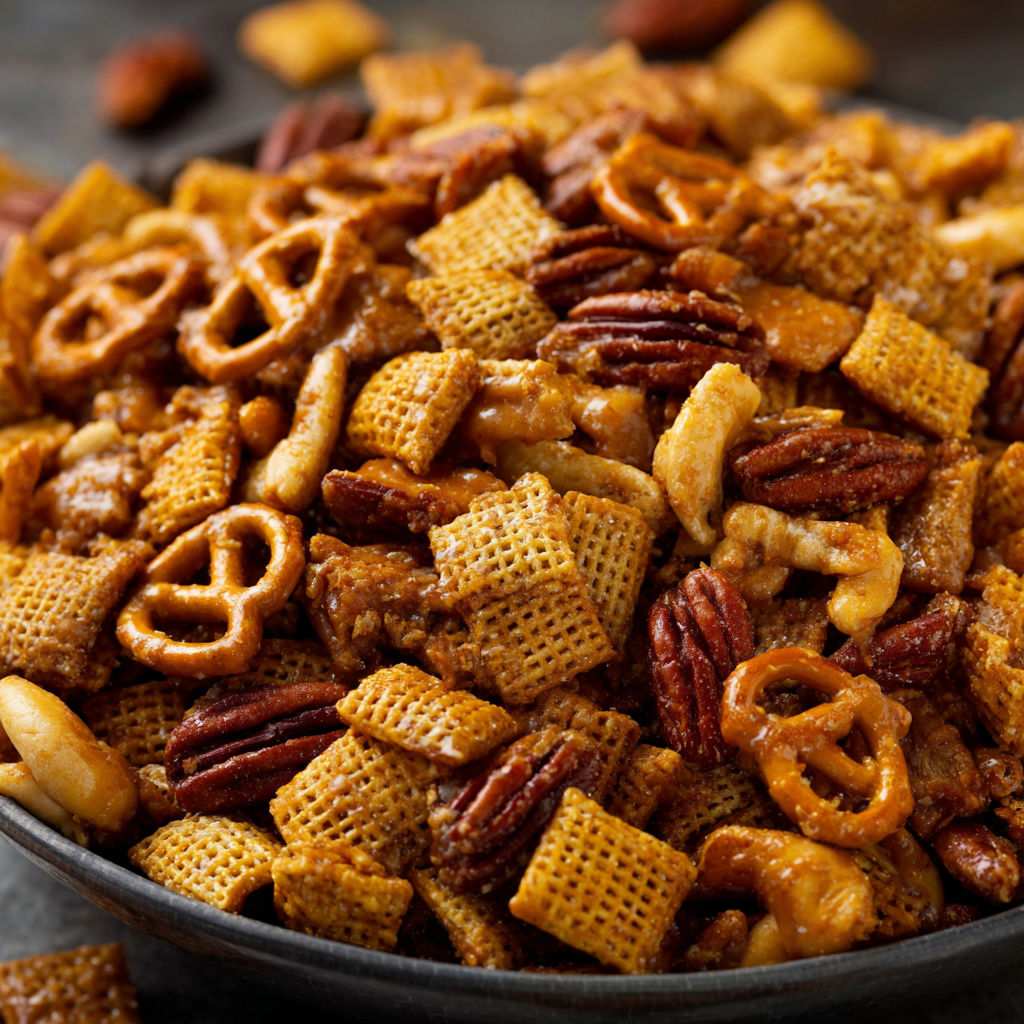 A bowl filled with a mix of cereal, nuts, and pretzels, topped with a sweet toffee sauce.