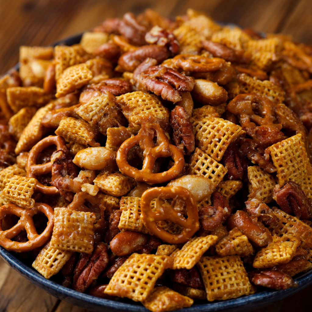 A bowl filled with a mix of cereal, pretzels, and nuts, including peanuts and pecans.