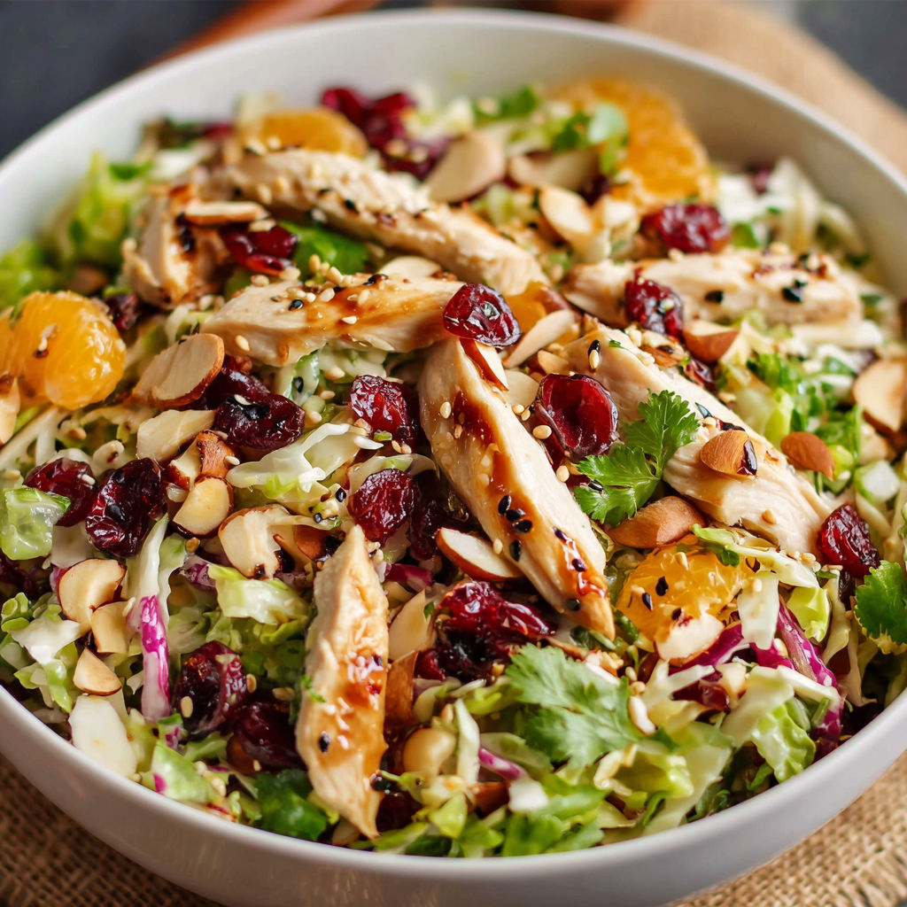 A bowl of Asian Chicken Cranberry Salad with a variety of ingredients, including chicken, cranberries, lettuce, and nuts.