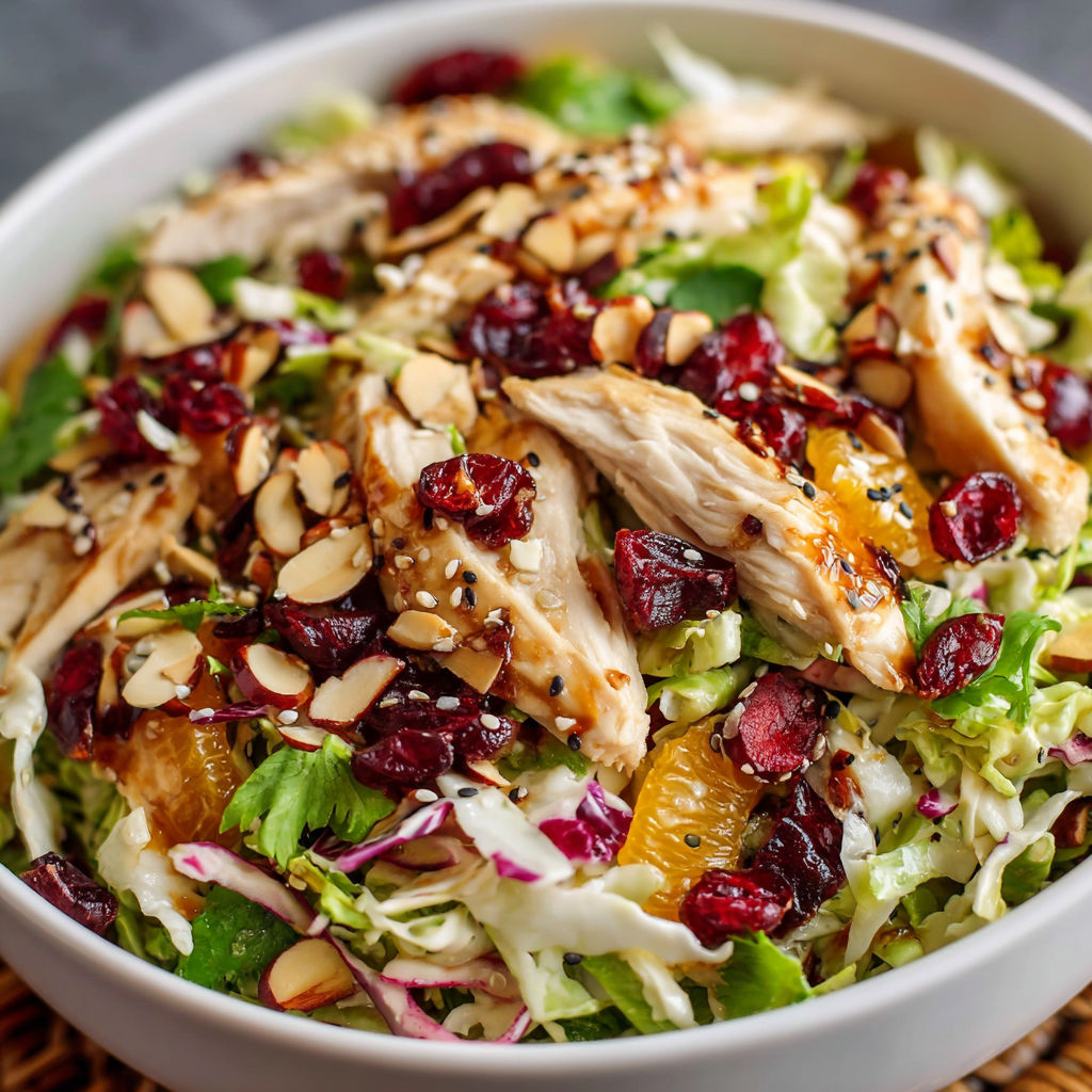 A bowl of chicken salad with a variety of ingredients, including lettuce, nuts, and oranges.