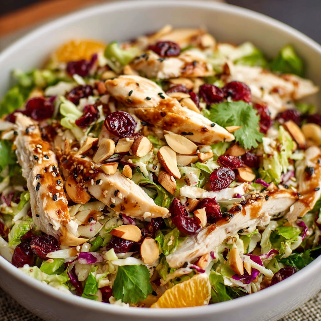 A bowl of chicken salad with nuts, oranges, and other ingredients.