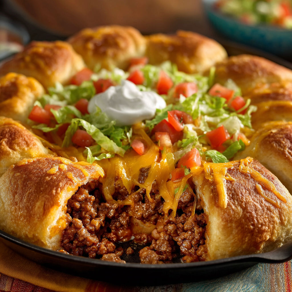 A delicious Pillsbury Crescent Roll Taco Bake filled with meat and cheese, topped with lettuce and tomatoes.