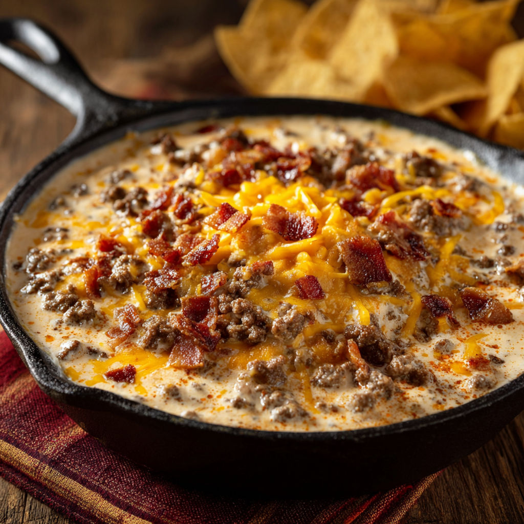 A delicious Bacon Cheeseburger Queso Dip is served in a black cast iron skillet.