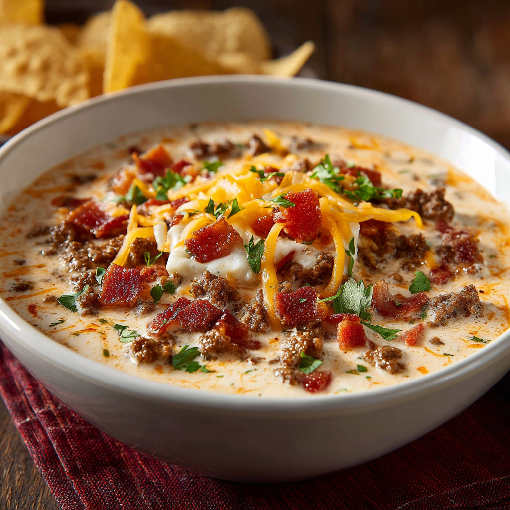 A bowl of Bacon Cheeseburger Queso Dip is served with a side of tortilla chips.