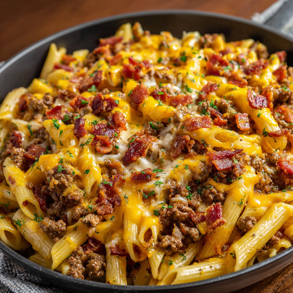 A delicious Bacon Cheeseburger Pasta Bake is served in a black pan.