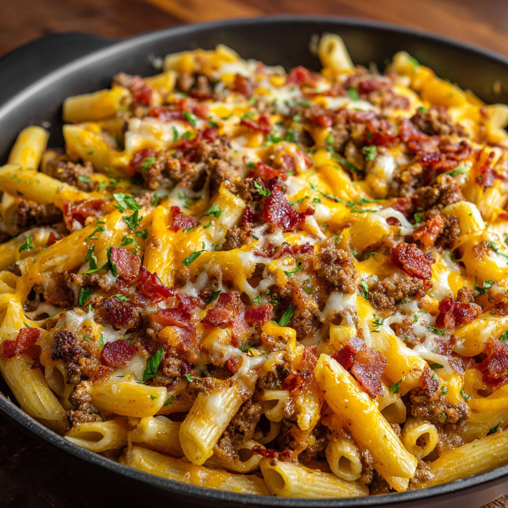 A delicious Bacon Cheeseburger Pasta Bake is cooked and ready to be served.