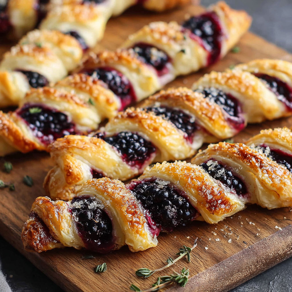 A wooden cutting board holds a delicious assortment of pastries, including blueberry and cinnamon swirls, and blueberry and cinnamon twists.