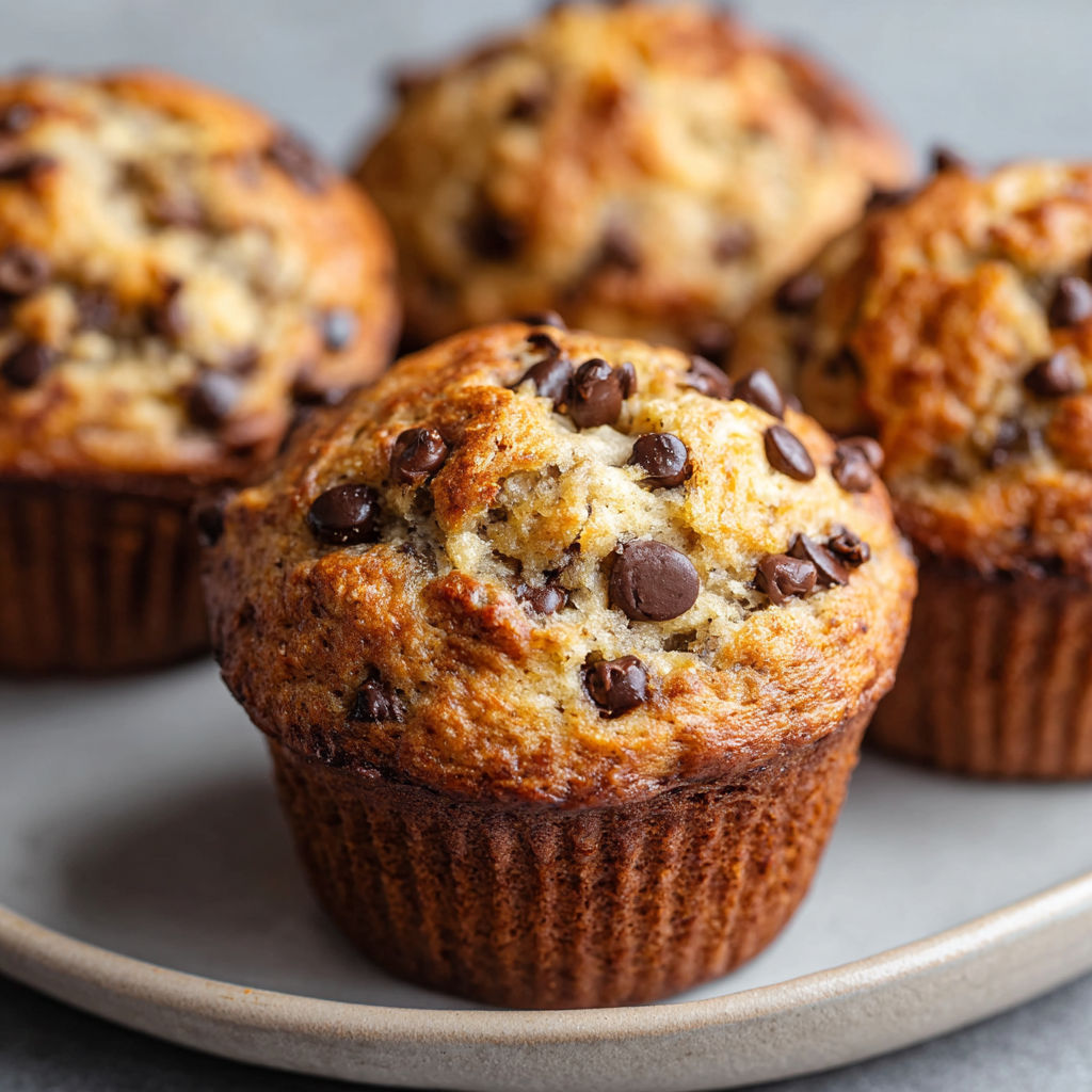 A plate of chocolate chip muffins with chocolate chips on top.