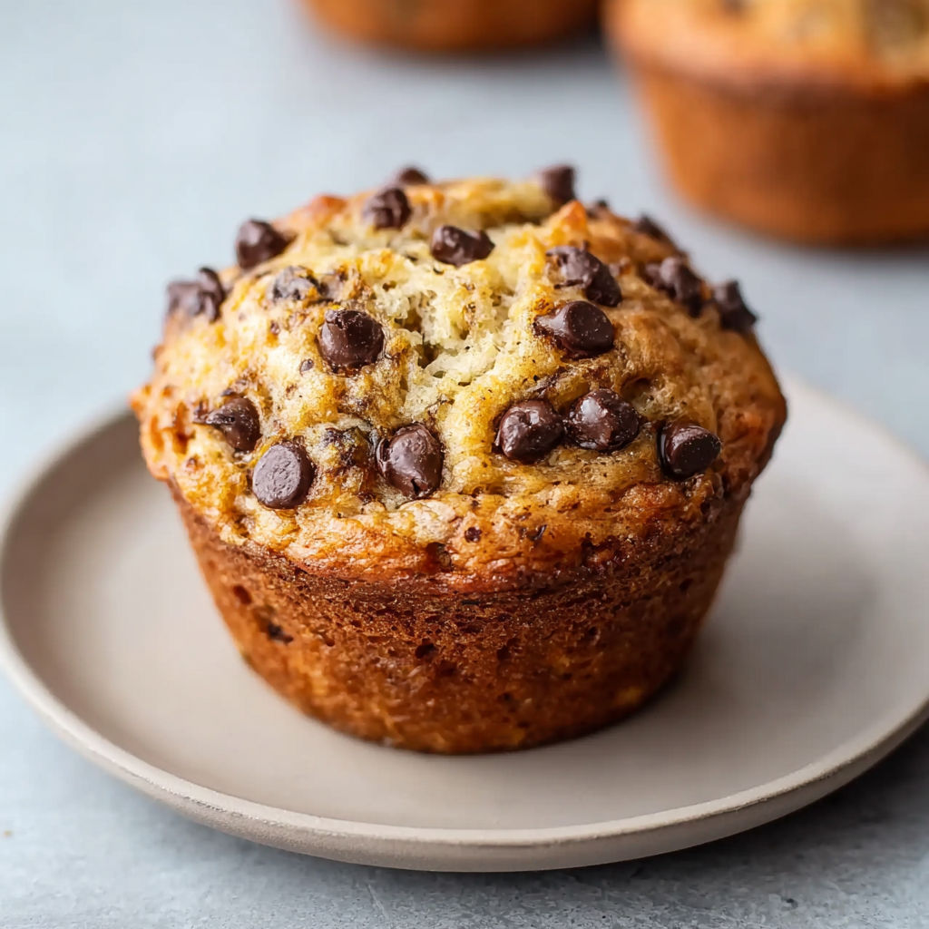 A chocolate chip muffin with chocolate chips on top.