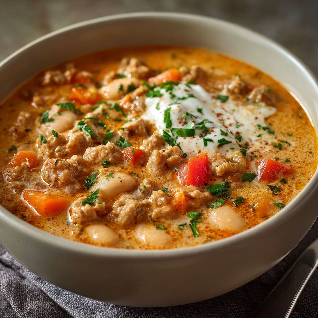 A bowl of beef stew with a dollop of sour cream on top.