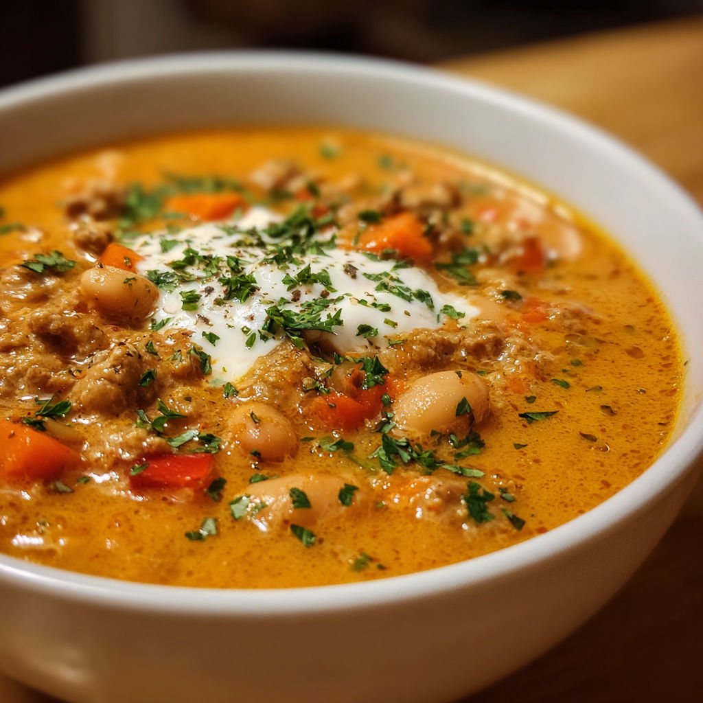 A bowl of soup with a dollop of sour cream on top, accompanied by a sprig of parsley.