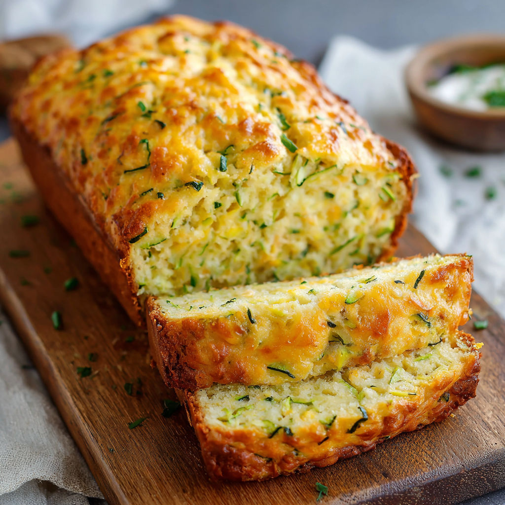 A slice of Zucchini Cheddar Quick Bread on a wooden cutting board.