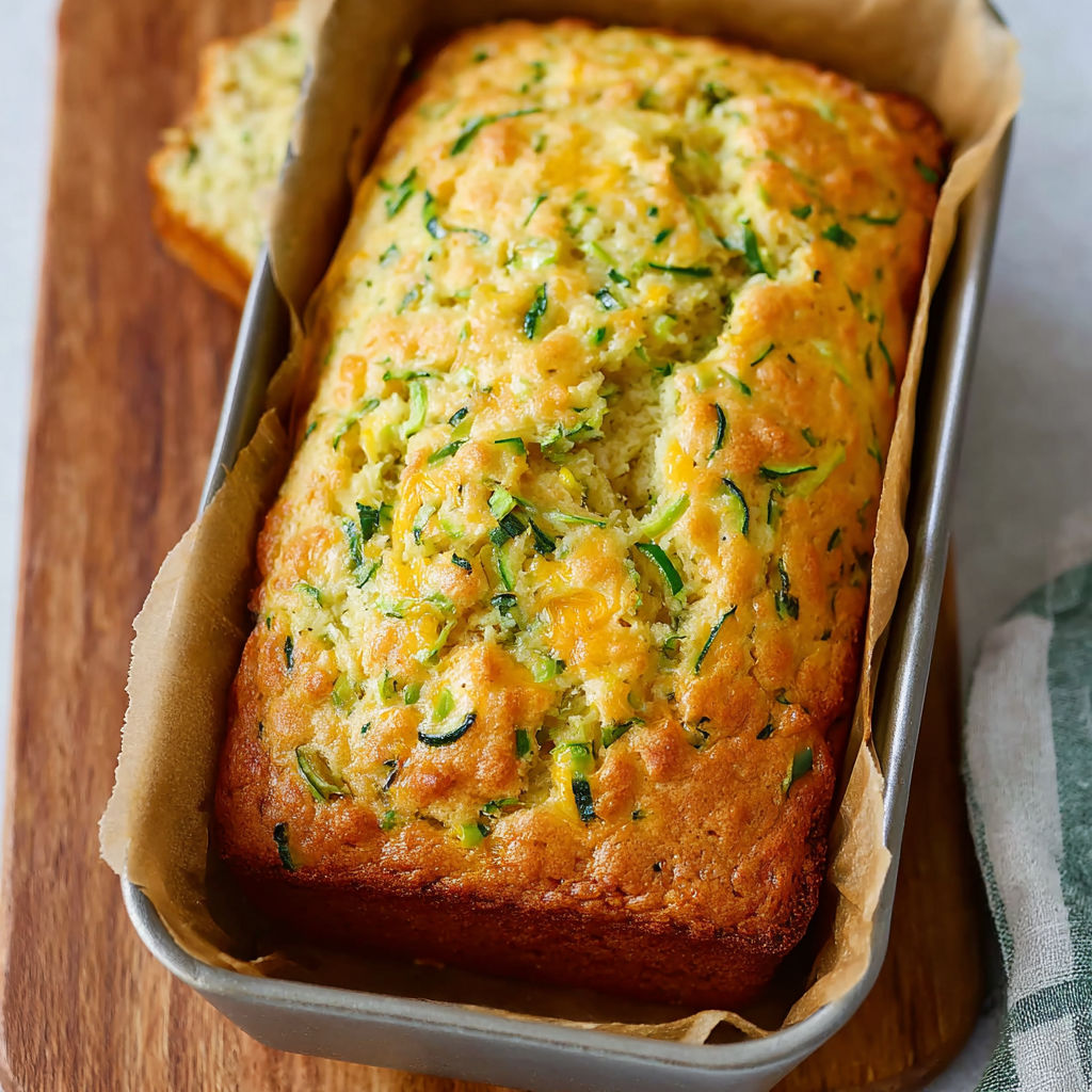A loaf of zucchini cheddar quick bread is displayed in a tin.