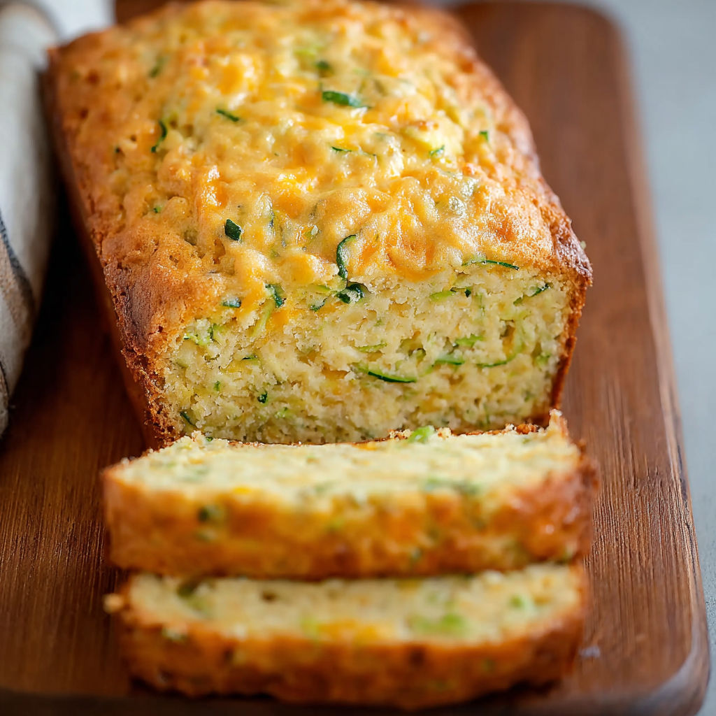 A slice of Zucchini Cheddar Quick Bread on a wooden cutting board.