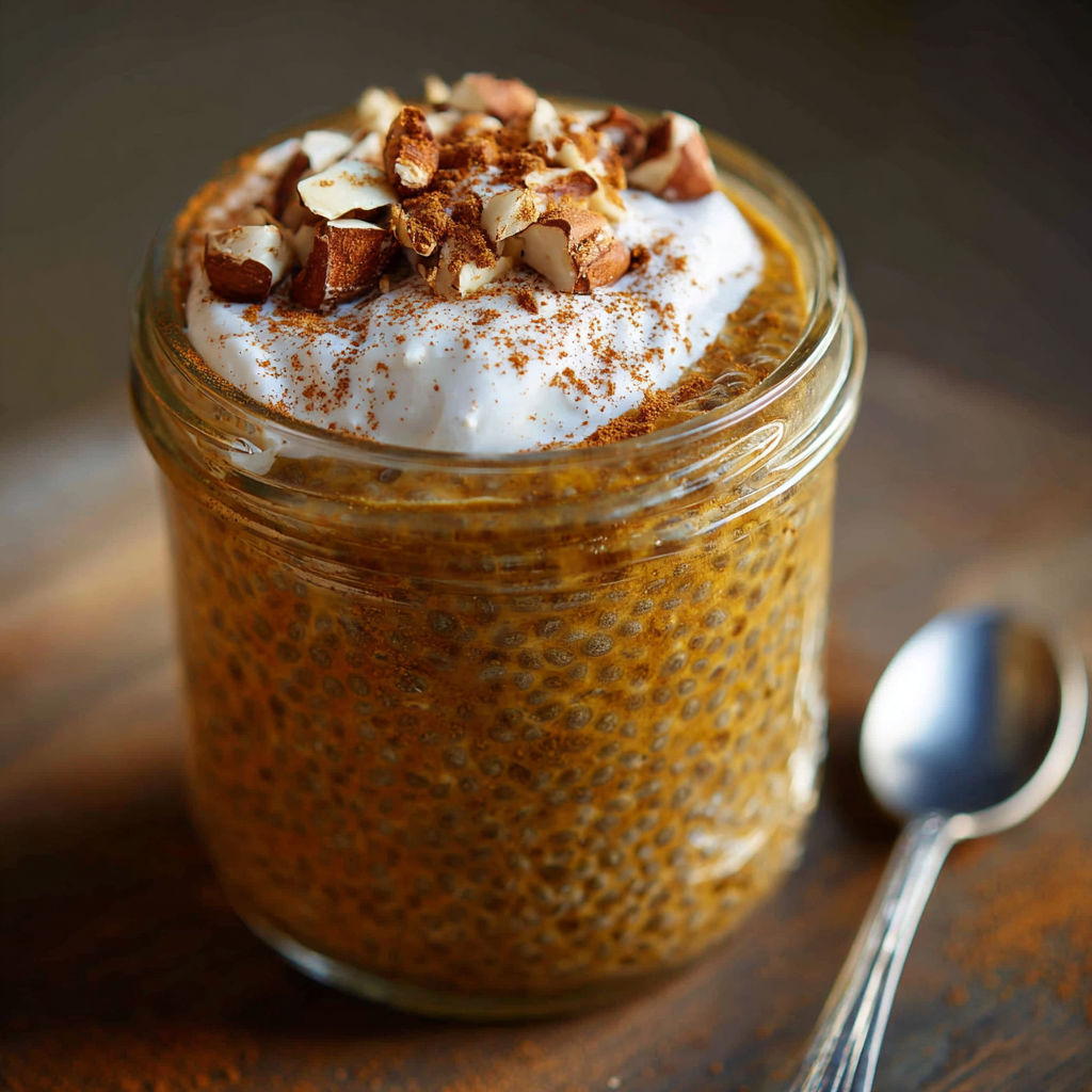 A glass jar filled with a creamy dessert topped with whipped cream and nuts.