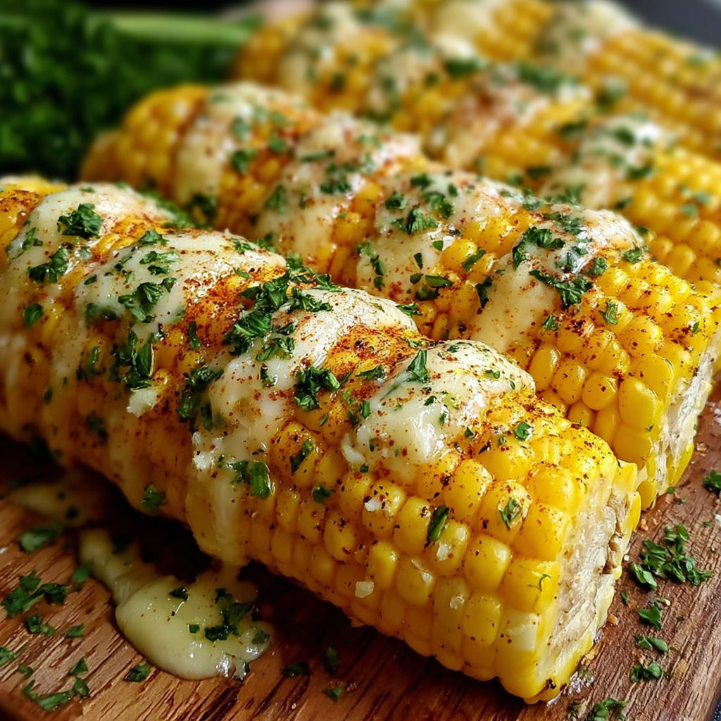 A delicious looking corn on the cob with cheesy garlic butter drizzled over it.