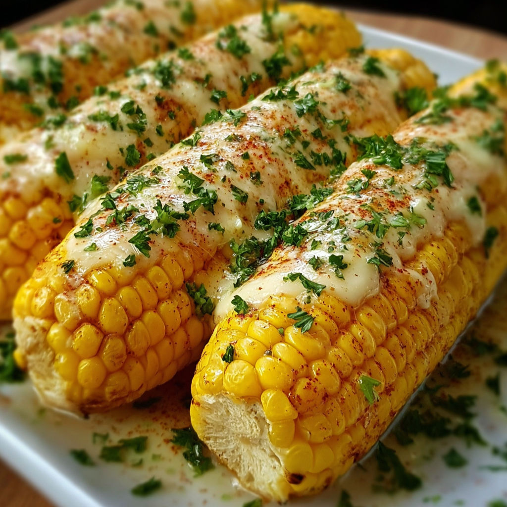 A plate of grilled corn with cheese and herbs on top.