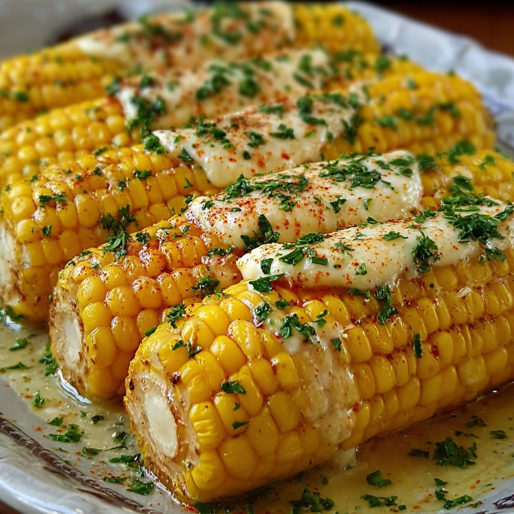A plate of corn with butter and cheese on top, ready to be grilled.