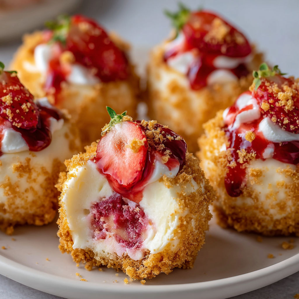 A plate of Strawberry Crunch Cheesecake Bites is displayed on a table.