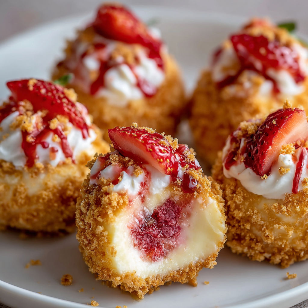 A plate of delicious strawberry cheesecake bites.